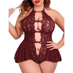 Ultra Soft 4X Large Plus Size Lingerie Teddy with Sheer Lace and Flutter Hem